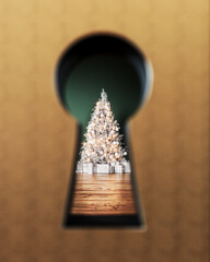 Christmas through the keyhole. Closeup shot on keyhole looking on white Christmas tree. 3D...