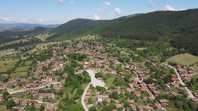 Aerial view of village of Zheravna with nineteenth century houses, Sliven Region, Bulgaria