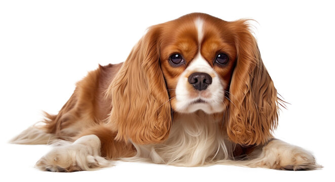 Cavalier King Charles Spaniel dog puppy isolated cutout on transparent background.