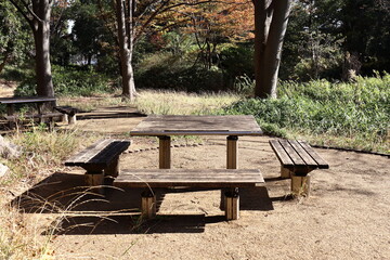 公園の木立の中にある木製のピクニックテーブルとベンチ