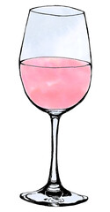 手描きイラスト素材：水彩カラーのワイングラス（ロゼ・ピンク色）
