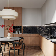 Modern kitchen design with natural stone
- detail of interior with faucet and home appliances. Interior lighting plan.