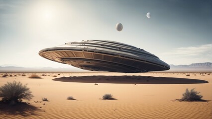 Flying saucer in desert. Realistic illustration