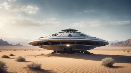Deurstickers Flying saucer in desert. Realistic illustration © RobinsonIcious