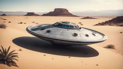 Outdoor kussens Flying saucer in desert. Realistic illustration © RobinsonIcious