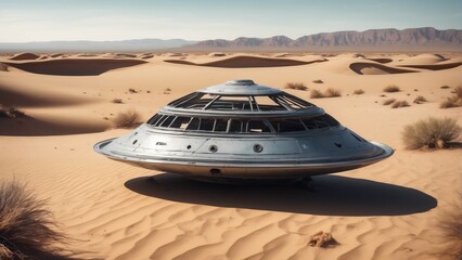 Flying saucer in desert. Realistic illustration