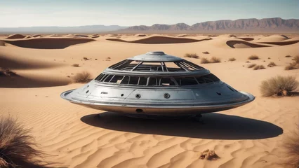 Poster Flying saucer in desert. Realistic illustration © RobinsonIcious