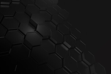 An abstract black honeycomb backdrop with a 3D polygonal design, emphasizing a modern, geometric structure for a tech or scientific setting