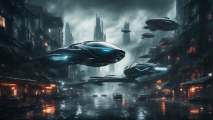Futuristic scifi City with flying cars.