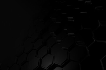Stylized 3D black hexagons forming a complex, futuristic honeycomb pattern, perfect for a science or technology-themed abstract background
