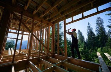 Fototapeta na wymiar Carpenter constructing wooden frame, two-story house near forest. Bearded man hammering nails with hammer while wearing work coveralls. Concept of environmentally-friendly modern construction.