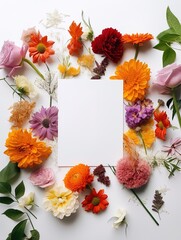Vertical top view blank card with flowers Abstract organic flowers Blooming floral on white background for invitation card