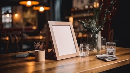 Menu Mock up blank for text marketing promotion. Mock up Menu frame standing on wood table in restaurant space for text.