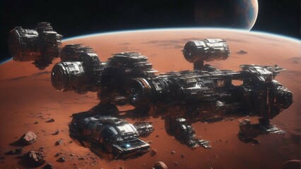 Futuristic space station in mars like orbit. Scifi illustration