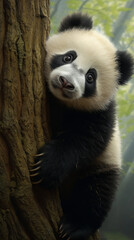 Obraz premium Panda bears in the wild of China, in the style of emotional body language, hardy, strong facial expressions, and light white. Beautiful nature.