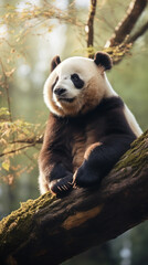 Panda bears in the wild of China, in the style of emotional body language, hardy, strong facial expressions, and light white. Beautiful nature.