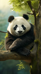 Panda bears in the wild of China, in the style of emotional body language, hardy, strong facial expressions, and light white. Beautiful nature.