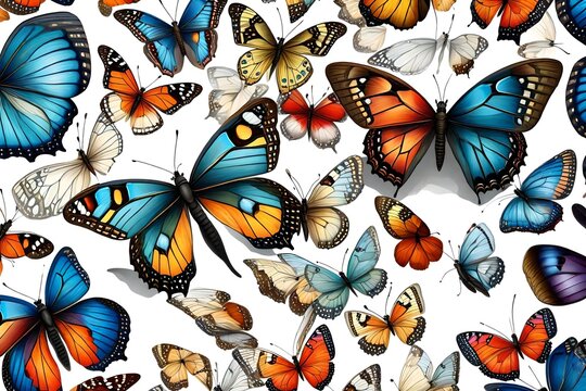 Colorful painted butterflies with spread wings flying. Generative AI