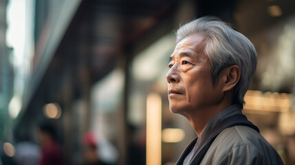 Street portrait of serious elderly asian man. 