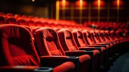Empty red cinema seats. Red movie theatre seats.