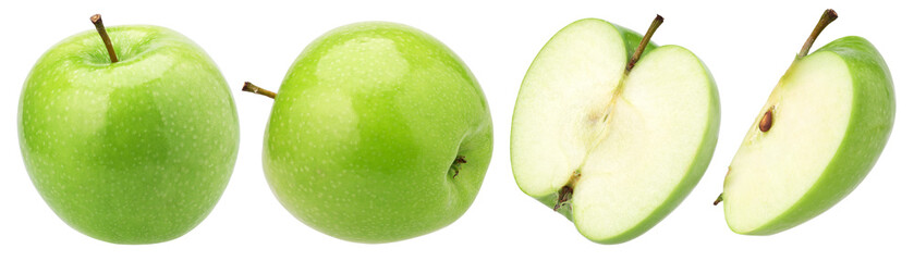 green apple ( granny smith apple), half and slice isolated, transparent PNG, collection, PNG format