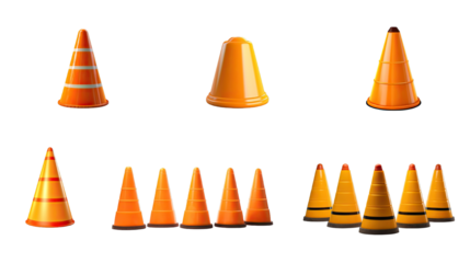 Collection of PNG. Traffic cones isolated on a transparent background.