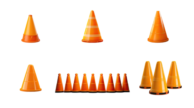 Collection of PNG. Traffic cones isolated on a transparent background.