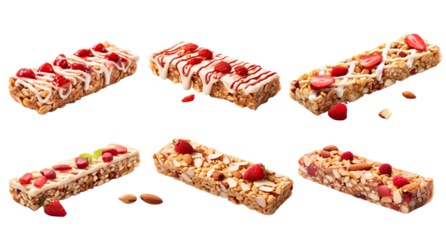 Collection of PNG. Strawberry oat and nut bar isolated on a transparent background.