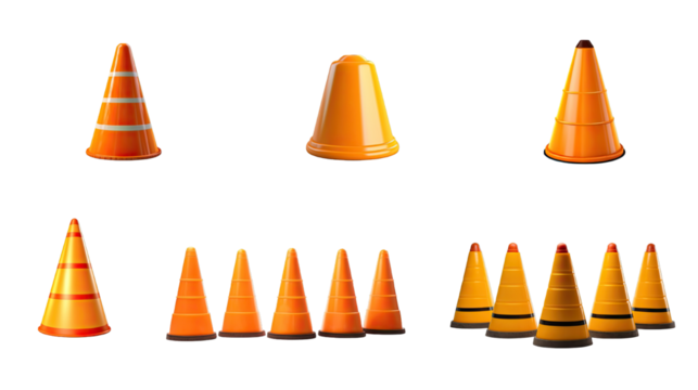 Collection of PNG. Traffic cones isolated on a transparent background.