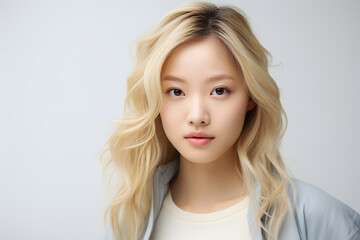 Portrait of Asian woman with blond hair in fornt of gray white studio background