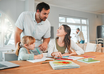 Mother, father and child for homework help in home or school education, learning notebook or support. Student, parents and paper for development reading or writing project, helping for info study