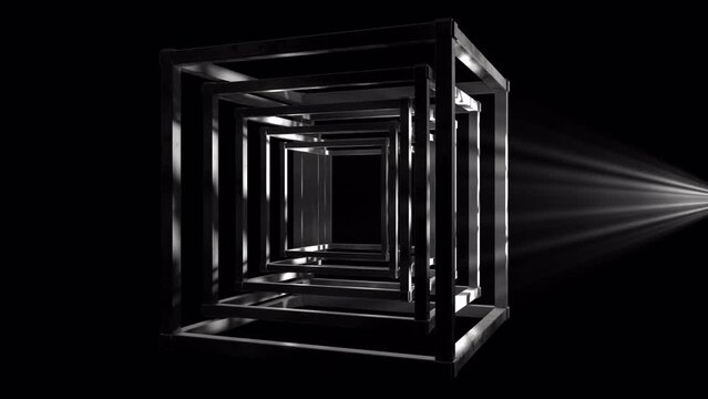 Abstract cube with inward layers, pulsating light on the beat and light beams shining through, rotating in 3D space, seamless VJ Loop