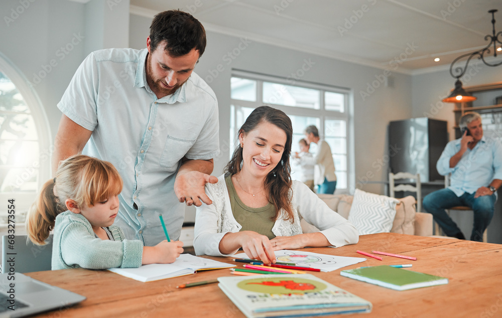 Canvas Prints Parents, girl child and help with homework for learning, development and support for advice, pencil and books. Father, mother and daughter for education, test and progress for growth in family house