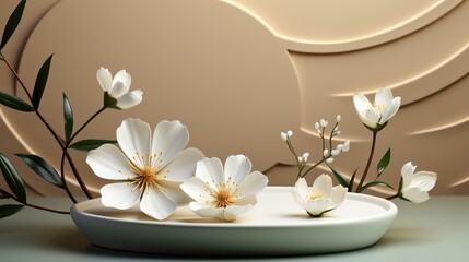 Obraz na płótnie Canvas Podium Stand Showcase Gentle White Flowers, HD, Background Wallpaper, Desktop Wallpaper