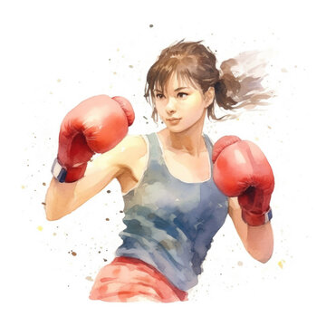 Watercolor depiction of a focused female boxer in stance.