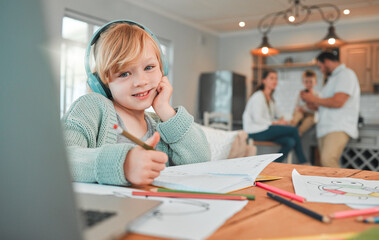 Family, child in headphones and online education, home e learning or virtual school with parents in living room. Portrait of girl writing, drawing and listening in video call or computer for language