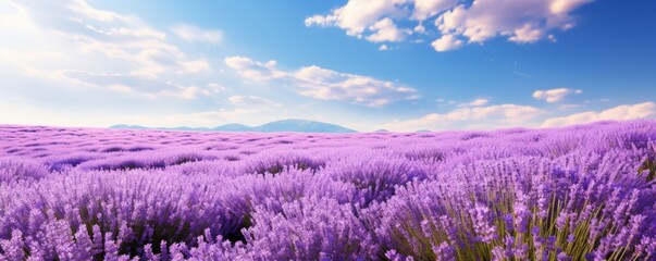 A field of lavender in full bloom, nature background banner with copy space - summer greeting card wildflowers spring