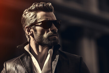 Men's fashion portrait duotone. Brutal handsome adult man with hairstyle and sunglasses wearing a shirt and leather jacket posing on street - obrazy, fototapety, plakaty