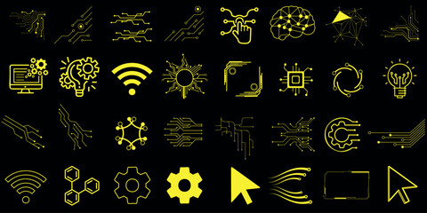 technology, science, engineering essentials vector icons,. Includes computer, light bulb, gears, drone, wifi, arrow,  circuit board, network, cable, plug, power strip, surge protector, extension cord