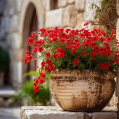 red flowers in beautiful vintage pots, on the wall 