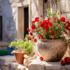 Fototapeta na wymiar red flowers in beautiful vintage pots, on the wall 