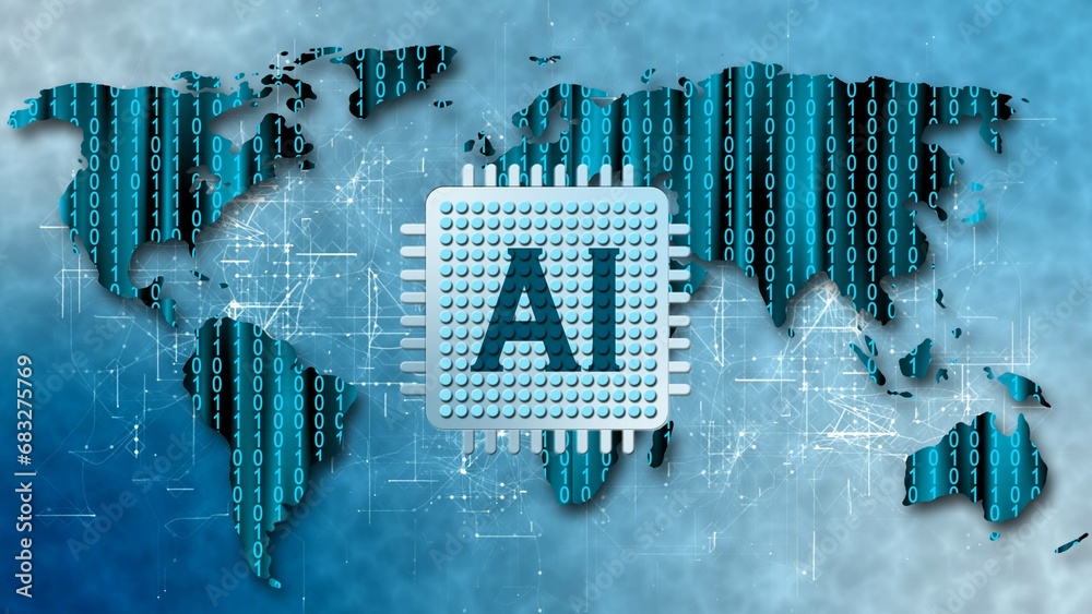 Poster world map with inscription ai - concept of visualization of artificial intelligence on blue binary c