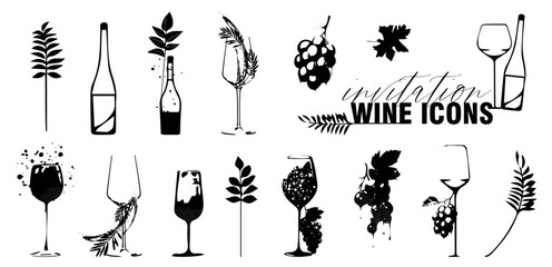 Wine icons - Collection of wine glasses and bottles. Elements for invitation cards, advertising banners and menus.