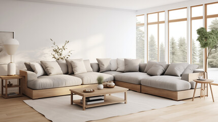 Gray sectional sofa with a selection of neutral throw pillows, situated in an open-concept living space. Convey the concept of modern and versatile interior design. - obrazy, fototapety, plakaty