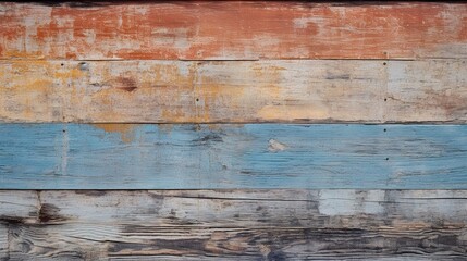 Detailed vintage worn wooden ledge texture with peeling paint in the colors blue brown yellow, faded red.