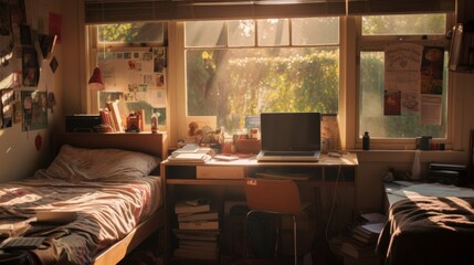Messy lived-in student bedroom in afternoon light. Big windows - obrazy, fototapety, plakaty