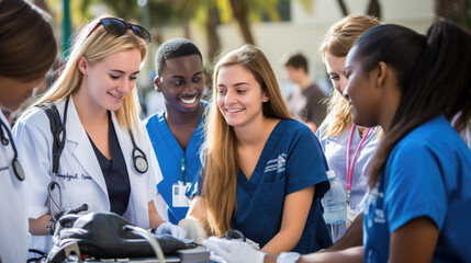 Group of smiling medical students and healthcare professionals in scrubs, engaged in a learning or training activity, with stethoscopes and medical equipment present. - obrazy, fototapety, plakaty
