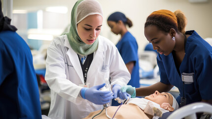 Medical students are practicing intubation on a training mannequin under the supervision of a healthcare professional, showcasing a serious and attentive learning environment.