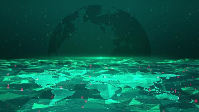 Green world map background hacker of digital technology red key security