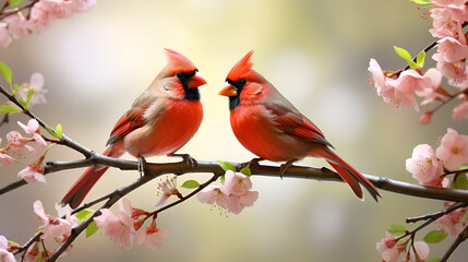 Autumn Serenade: Charming Birds on Cherry Blossom Branch.AI Generative 